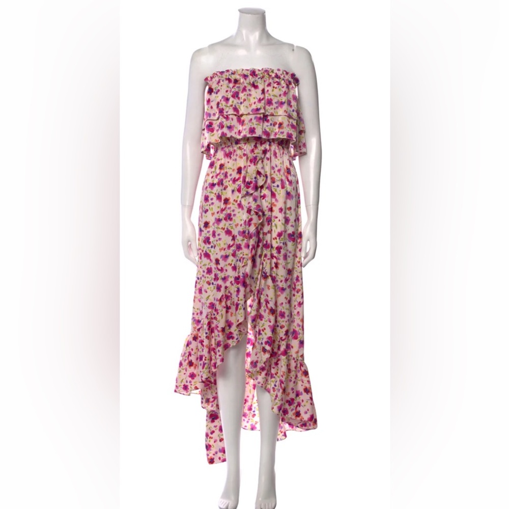 Misa Los Angeles Pink Floral Strapless Midi Dress